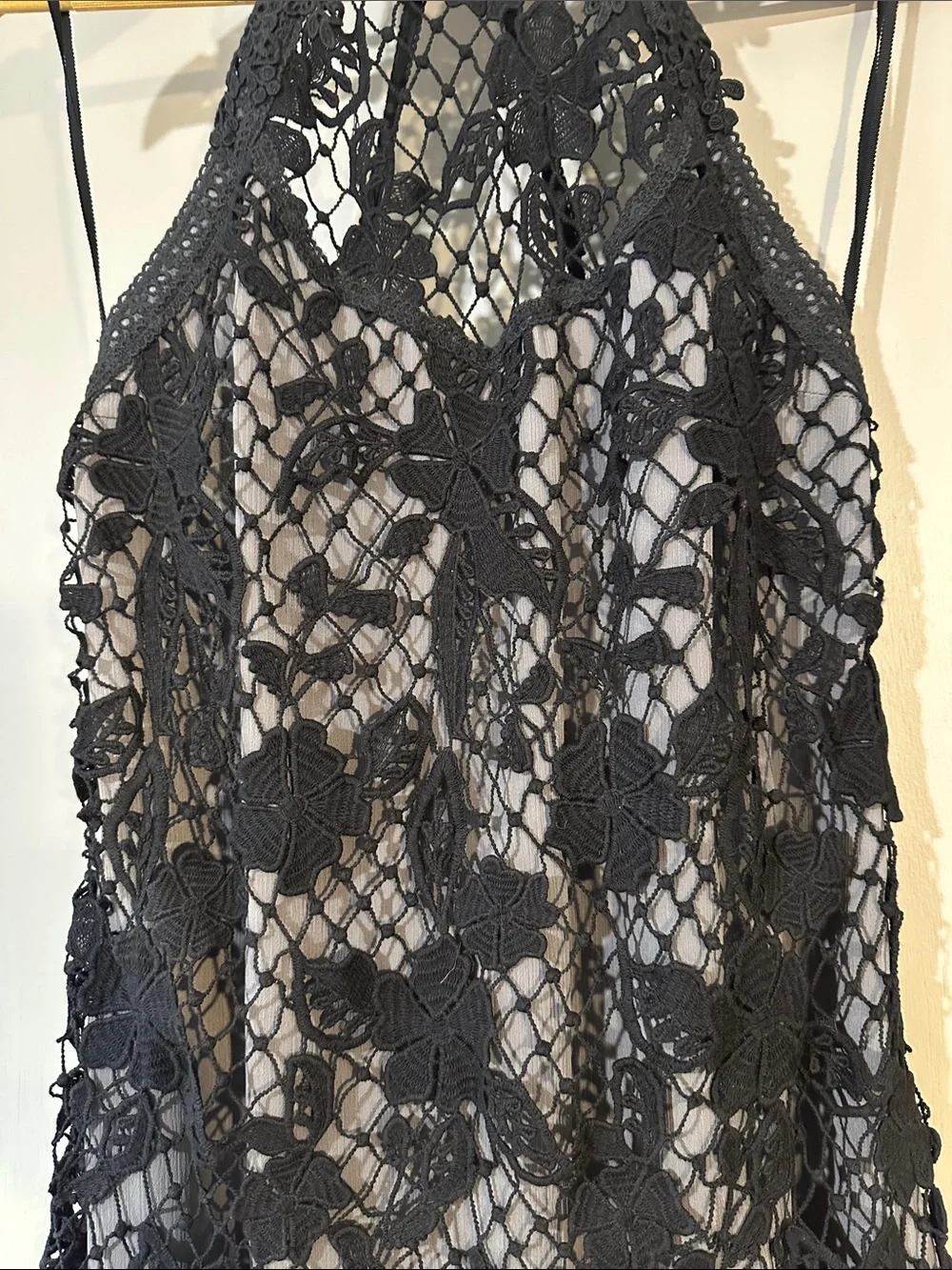 Free People Black Crochet Lace Mini Dress Size Small Sheer Boho Festival Dress